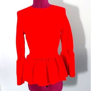 Jonathan Simkhai Stretch Knit Bell Sleeve Peplum Top Red Cut Out Jewel Neck S